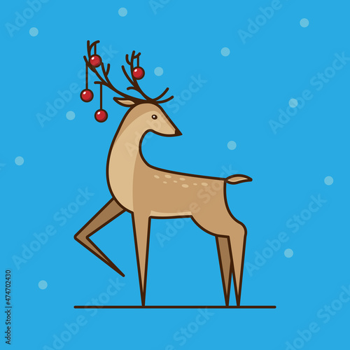 Reindeer with decoration balls. Christmas Deer. Merry Christmas and Happy New Year card. Dappled deer. Winter character. Winter celebration. xmas. Vector Illustration