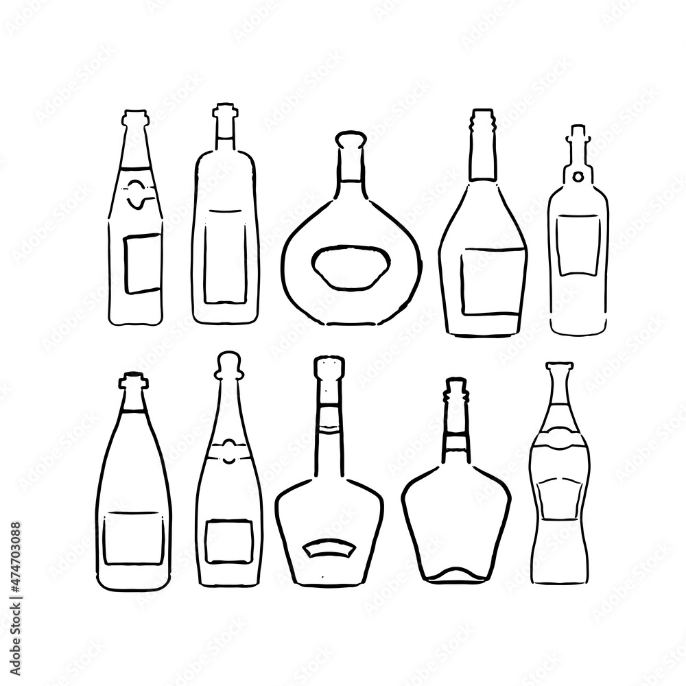 Set of linear hand drawn Sketch Bottles. Collection of different alcohol beverages. Linear vector illustration. Set of linear hand drawn Sketch Bottles. Collection of different alcohol beverages. Linear vector illustration.