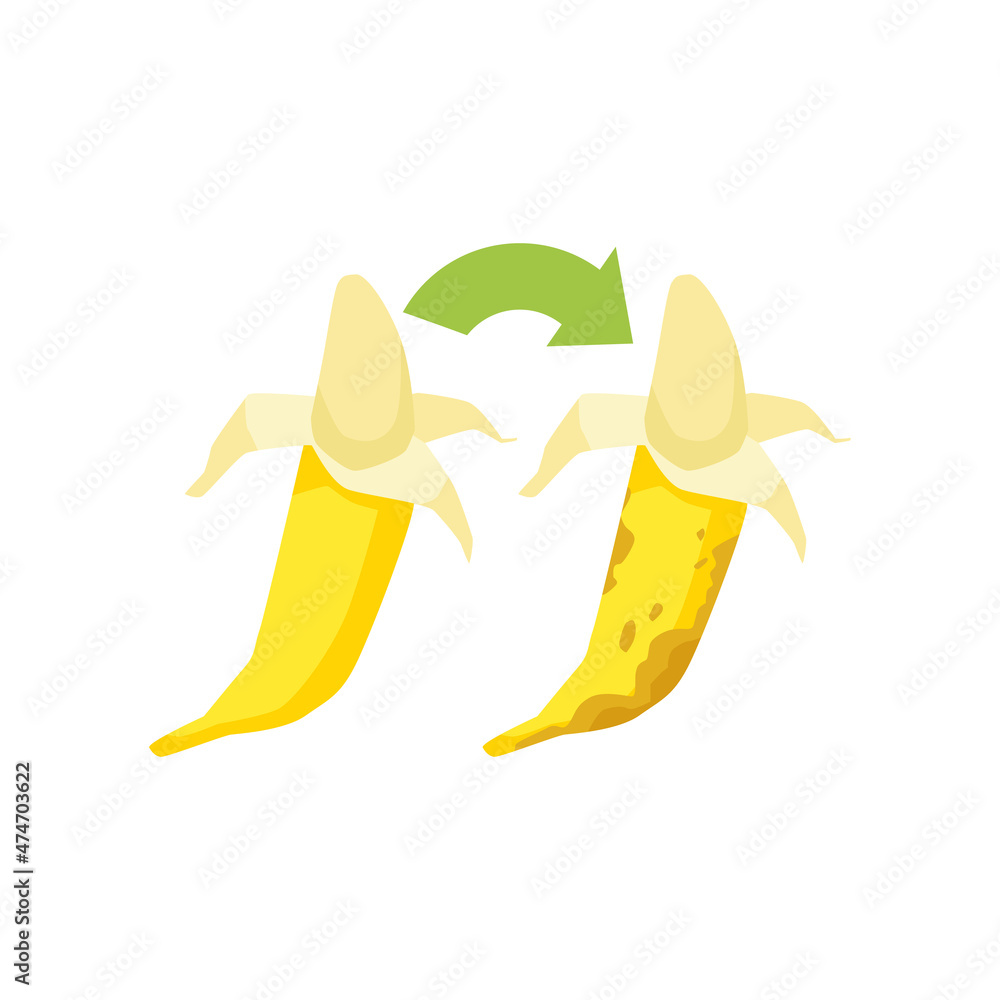 Yellow ripe banana with opened peel and spoiled rotten moldy banana in flat Yellow ripe banana with opened peel and spoiled rotten moldy banana in flat