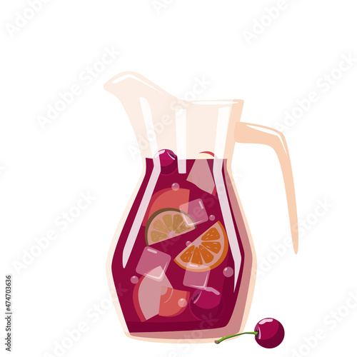 Jug with fruit and berry drink with ice and cherry. Sangria is a traditional Spanish drink. Vector illustration isolated on a white background