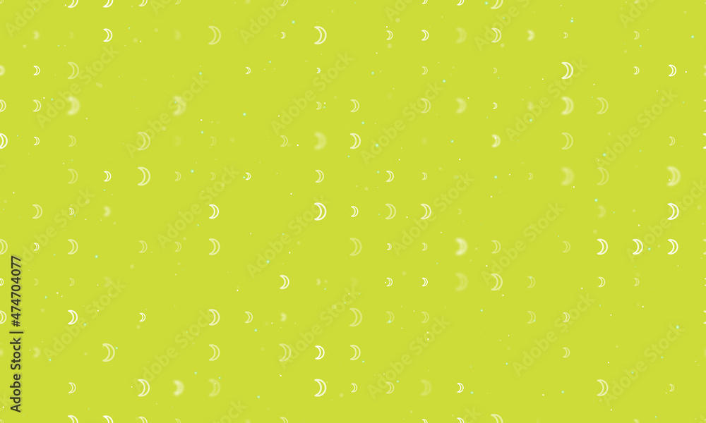Seamless background pattern of evenly spaced white moon astrological symbols of different sizes and opacity. Vector illustration on lime background with stars