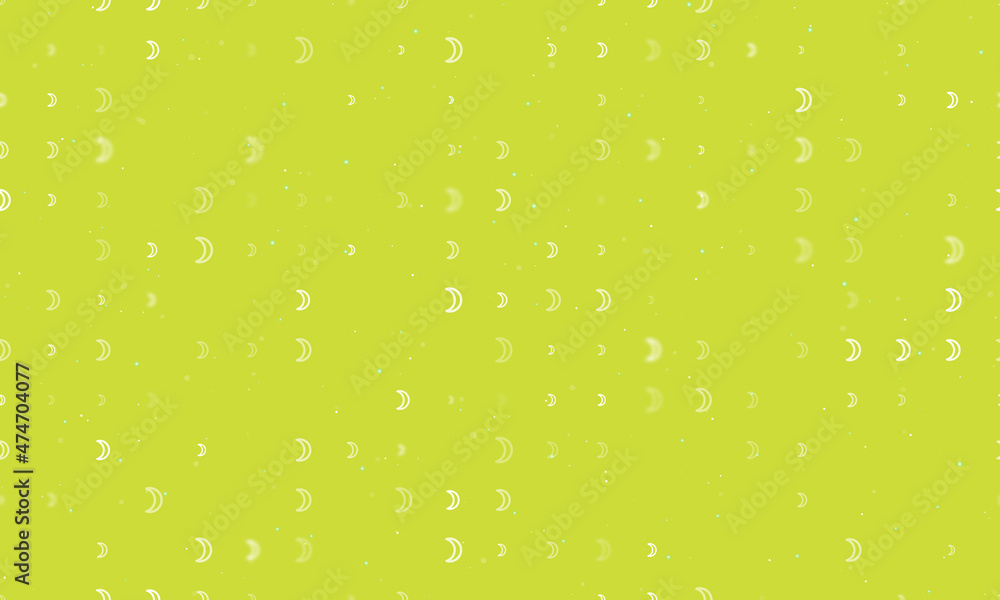 Seamless background pattern of evenly spaced white moon astrological symbols of different sizes and opacity. Vector illustration on lime background with stars Seamless background pattern of evenly spaced white moon astrological symbols of different sizes and opacity. Vector illustration on lime background with stars