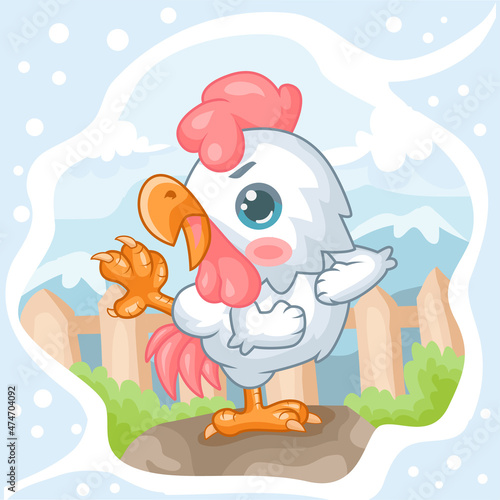 Cartoon cute rooster with kicking scene