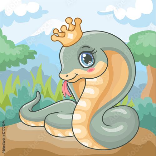A cute cobra is wearing a king's crown. with beautiful natural scenery