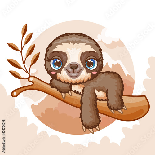Cute little sloth cartoon perched on a tree
