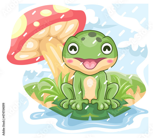 cartoon cute little frog being happy playing in the rain under the mushroom tree