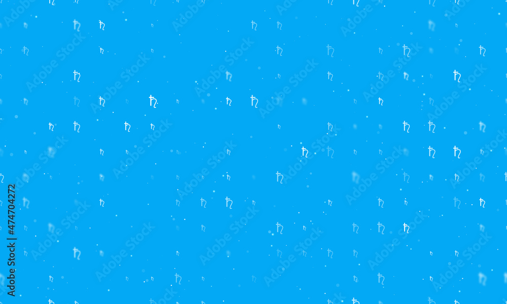 Seamless background pattern of evenly spaced white astrological saturn symbols of different sizes and opacity. Vector illustration on light blue background with stars Seamless background pattern of evenly spaced white astrological saturn symbols of different sizes and opacity. Vector illustration on light blue background with stars