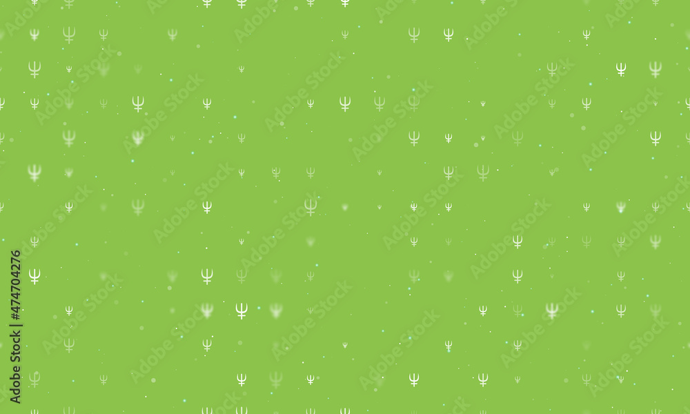 Seamless background pattern of evenly spaced white astrological neptune symbols of different sizes and opacity. Vector illustration on light green background with stars