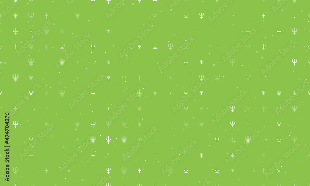 Seamless background pattern of evenly spaced white astrological neptune symbols of different sizes and opacity. Vector illustration on light green background with stars Seamless background pattern of evenly spaced white astrological neptune symbols of different sizes and opacity. Vector illustration on light green background with stars