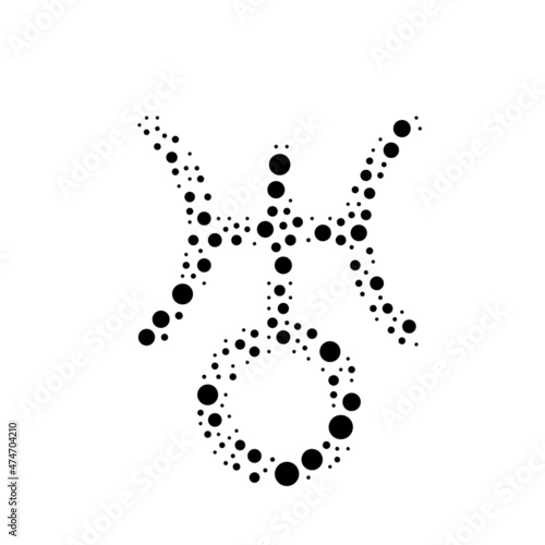 A large astrological uranus symbol in the center made in pointillism style. The center symbol is filled with black circles of various sizes. Vector illustration on white background