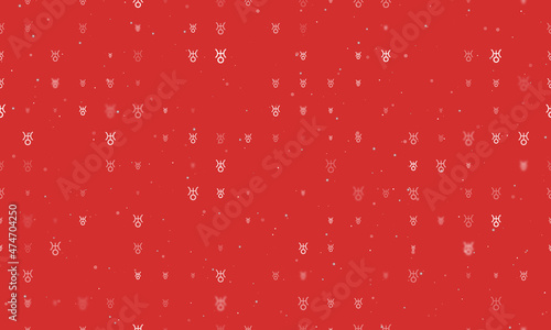Seamless background pattern of evenly spaced white astrological uranus symbols of different sizes and opacity. Vector illustration on red background with stars