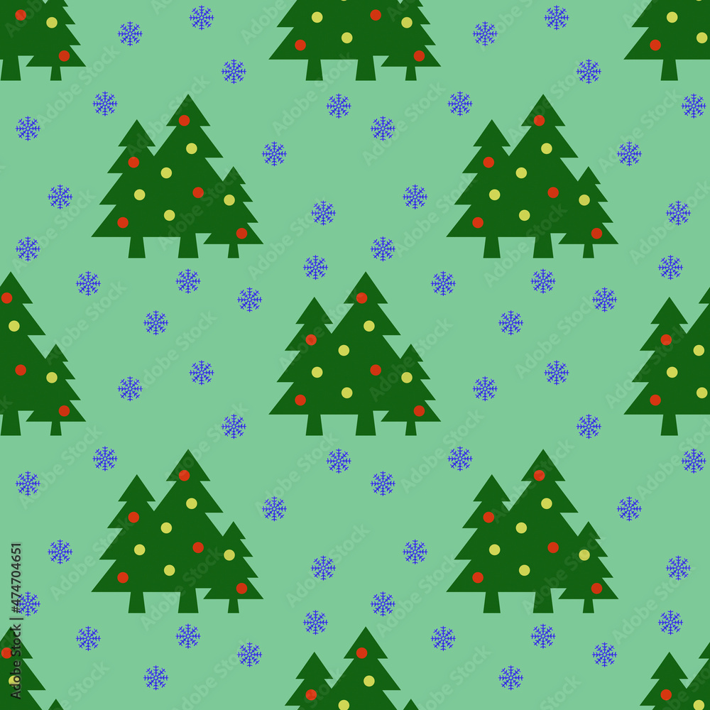 Seamless pattern. Image of green Christmas trees with balls and snowflakes on pastel green backgrounds. Symbol of New Year and Christmas. Template for applying to surface. 3D image. 3d rendering Seamless pattern. Image of green Christmas trees with balls and snowflakes on pastel green backgrounds. Symbol of New Year and Christmas. Template for applying to surface. 3D image. 3d rendering