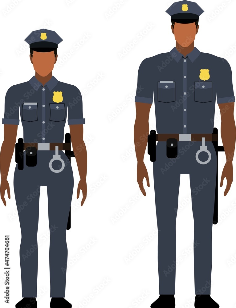 African American policewoman and policeman in uniform. Male and female Cops. Flat vector illustration African American policewoman and policeman in uniform. Male and female Cops. Flat vector illustration