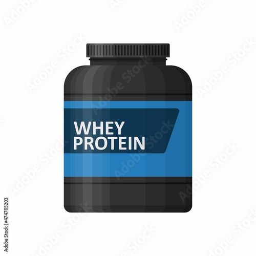Whey protein isolated on white background. Sports nutrition icon container package, fitness protein power. Bodybuilding sport food. Jar or bottle with supplements for muscle growth. Vector