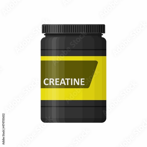 Creatine bottle isolated on white background. Sports nutrition icon container package, fitness supplements. Bodybuilding sport food. Jar with supplements for muscle growth. Gym vector illustartion