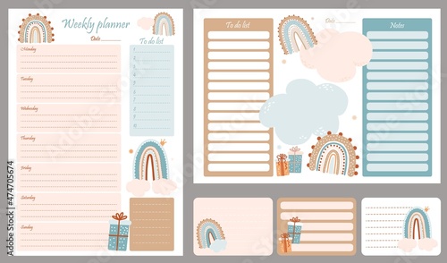 Set Cute planner templates - for day, week, to-do list. Scandinavian style organizer and schedule with notes and to do with rainbows and gifts. Vector illustration A4. Stationery, kids collection 