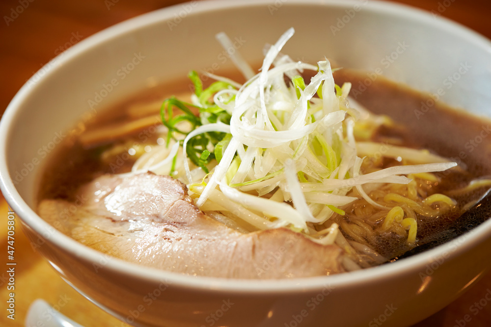 Japanese ramen, green onion topping and meat Japanese ramen, green onion topping and meat