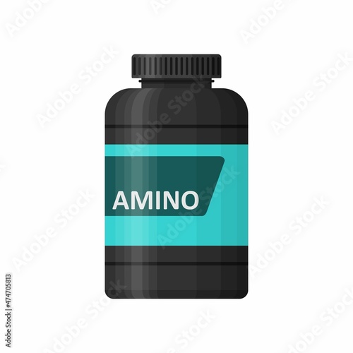 Amino bottle isolated on white background. Sports nutrition icon container package, fitness supplements. Bodybuilding sport food. Jar with supplements for muscle growth. Gym vector illustartion