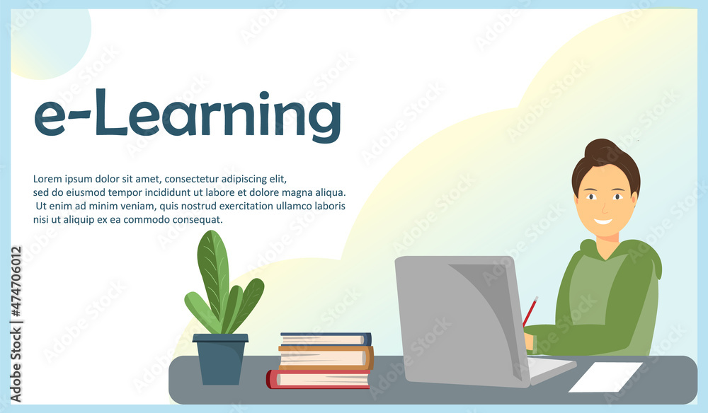 Smiling pupil boy sitting at workplace with notebook, e-learning concept, distant education concept, flat vector illustration Smiling pupil boy sitting at workplace with notebook, e-learning concept, distant education concept, flat vector illustration