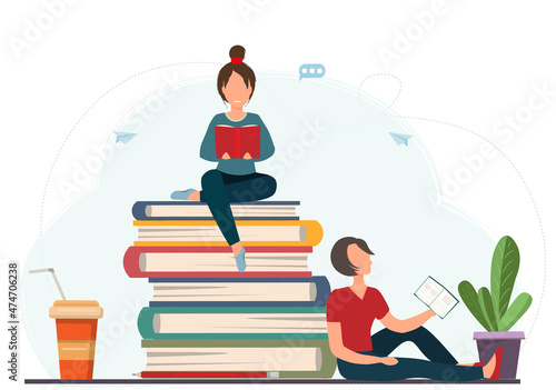 Happy young tiny women, girls reading books with a cup of coffee and house plant on the background, hoobies concept, education concept, flat vector illustration photo