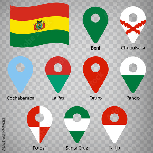 Nine flags the Departments of Bolivia  -  alphabetical order with name.  Set of 2d geolocation signs like flags Departments of Bolivia. Nine 2d geolocation signs for your design. EPS10