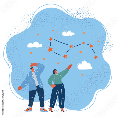 Vector illustration of stars in sky exploration. People looking at the big dipper constellation