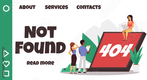 404 page not found web site template with people around. System failure or web page maintenance vector illustration.