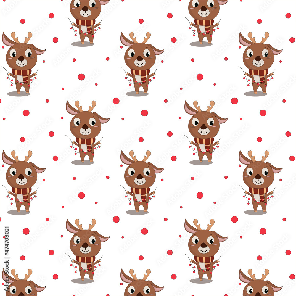 seamless pattern cute christmas deer in a warm scarf and with garlands in its paws seamless pattern cute christmas deer in a warm scarf and with garlands in its paws