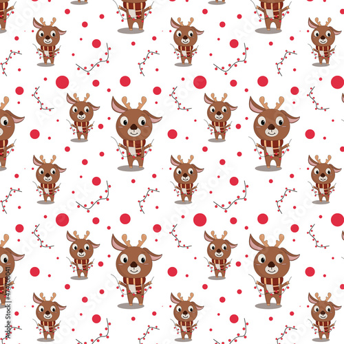 seamless pattern cute christmas deer in a warm scarf with garlands on a white background