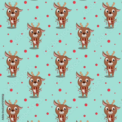seamless pattern cute christmas deer in a warm scarf with garlands in its paws on a blue background