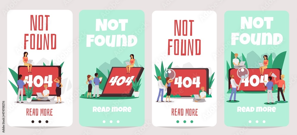 404 error alert on website page on computer and laptop screen, flat vector set.People around monitor and laptop warning. 404 error alert on website page on computer and laptop screen, flat vector set.People around monitor and laptop warning.