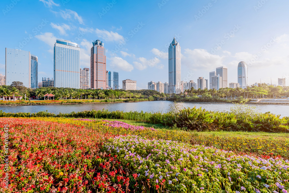 Obraz premium Sunny scenery of the flower bushes and the International Trade CBD complex in Haikou Wanlv Park, Hainan, China