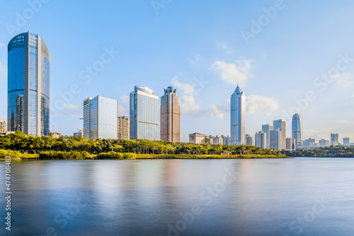 Sunny scenery of Wanlv Park and International Trade CBD buildings in Haikou  Hainan  China