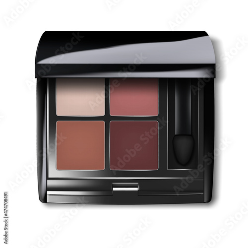 Make-up color eyeshadow palette with applicator. Open makeup eye shadow kit container top view. Realistic vector illustration