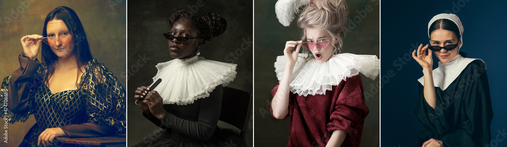 Medieval people as a royalty persons in vintage clothing on dark background. Concept of comparison of eras, modernity and renaissance, baroque style. - obrazy, fototapety, plakaty 