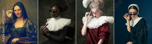 Medieval people as a royalty persons in vintage clothing on dark background. Concept of comparison of eras, modernity and renaissance, baroque style. photo