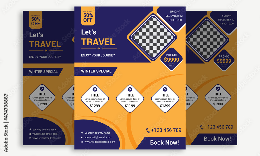 Travel agency business flyer design template orange and blue color