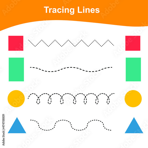 Tracing Lines Game geometric shapes Edition. Educational worksheet. Worksheet activity for preschool kids. Shapes Flashcards edition. Vector illustration. 