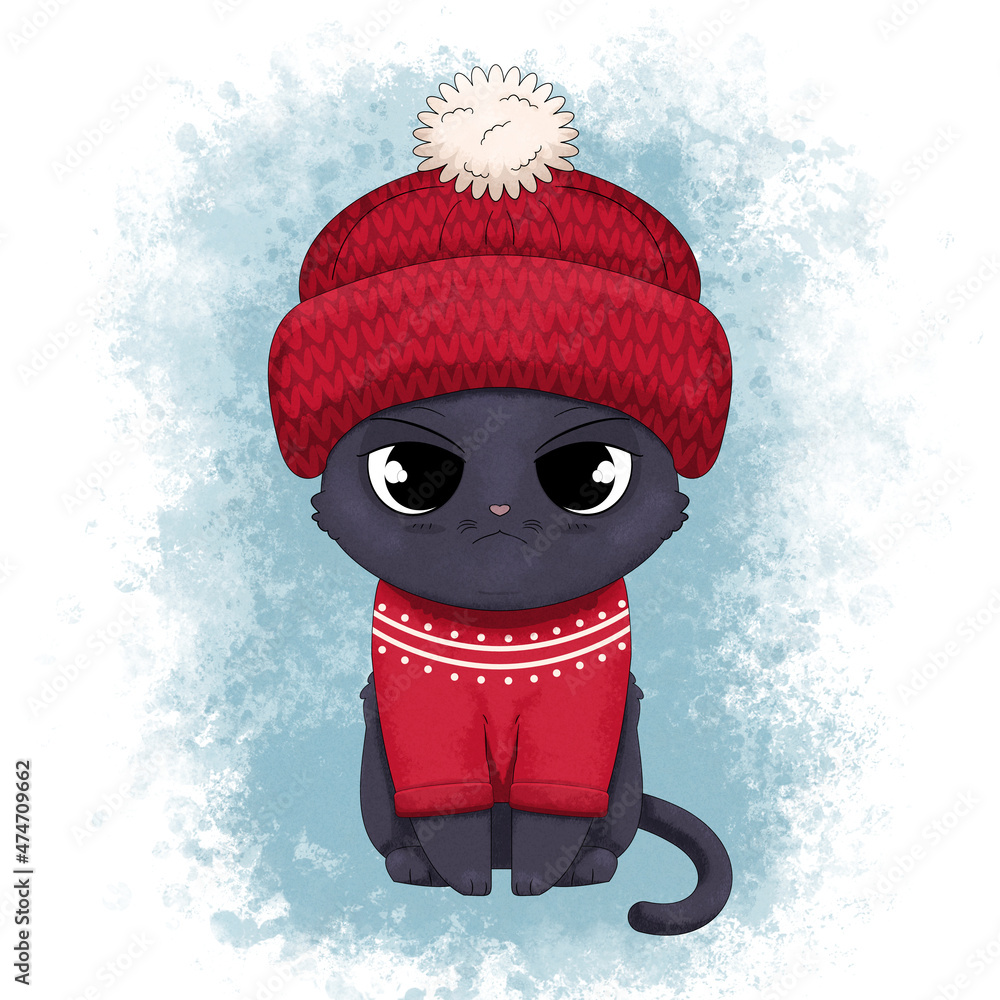 Ręcznie rysowany uroczy mały kotek w wełnianej czapce z pomponem i czerwonym sweterku. Ilustracja siedzącego czarnego kota. Kot w ciepłym ubraniu gotowy do zabawy na śniegu. - obrazy, fototapety, plakaty 