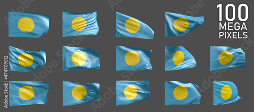Palau flag isolated - various images of the waving flag on grey background - object 3D illustration