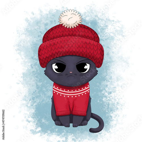 Ręcznie rysowany uroczy mały kotek w wełnianej czapce z pomponem i czerwonym sweterku. Ilustracja siedzącego czarnego kota. Kot w ciepłym ubraniu gotowy do zabawy na śniegu.