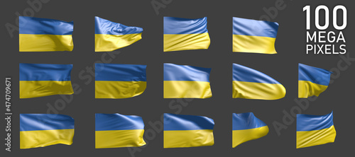 Ukraine flag isolated - various realistic renders of the waving flag on grey background - object 3D illustration