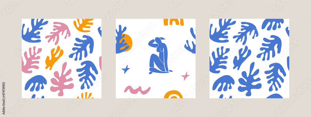 Trendy set of seamless pattern with abstract organic cut out Matisse inspired shapes of algae or corals and human figure. Female posture and geometric shapes simple flat design on white background.