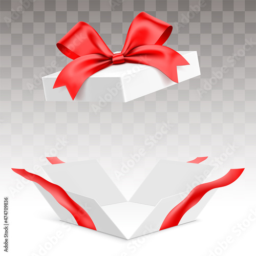 Blasted open white gift box with red ribbon, isolated on transparent background. Surprise giftbox with empty space, vector illustration.