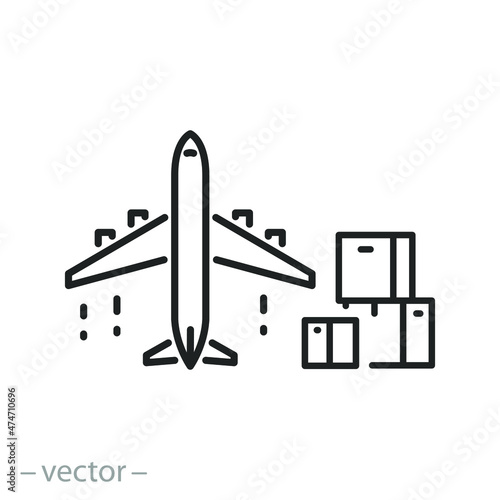 delivery plane icon, air freight logistic, aircraft with cargo boxes, transport platform for fly shipping, thin line symbol - editable stroke vector illustration