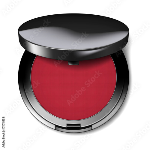 Make-up powder blush open round container. Open compact makeup blusher case top view