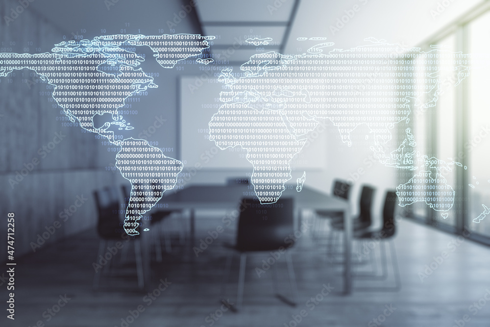 Double exposure of abstract digital world map hologram on a modern boardroom background, big data and blockchain concept Double exposure of abstract digital world map hologram on a modern boardroom background, big data and blockchain concept
