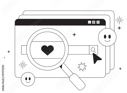 Web page or banner with search icon and big magnifying glass in simple line style. Forteen february search result. Valentines day trendy outline vector illustration with smiley face. Design element.