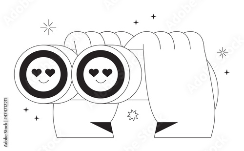 Hands hold binocular and look searching soulmate. Eyes with hearts full of love. Vector illustration for dating application or valentines day. Outline vector element for web, ui or application design.