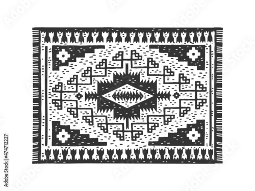 Carpet rug sketch engraving vector illustration. T-shirt apparel print design. Scratch board imitation. Black and white hand drawn image.
